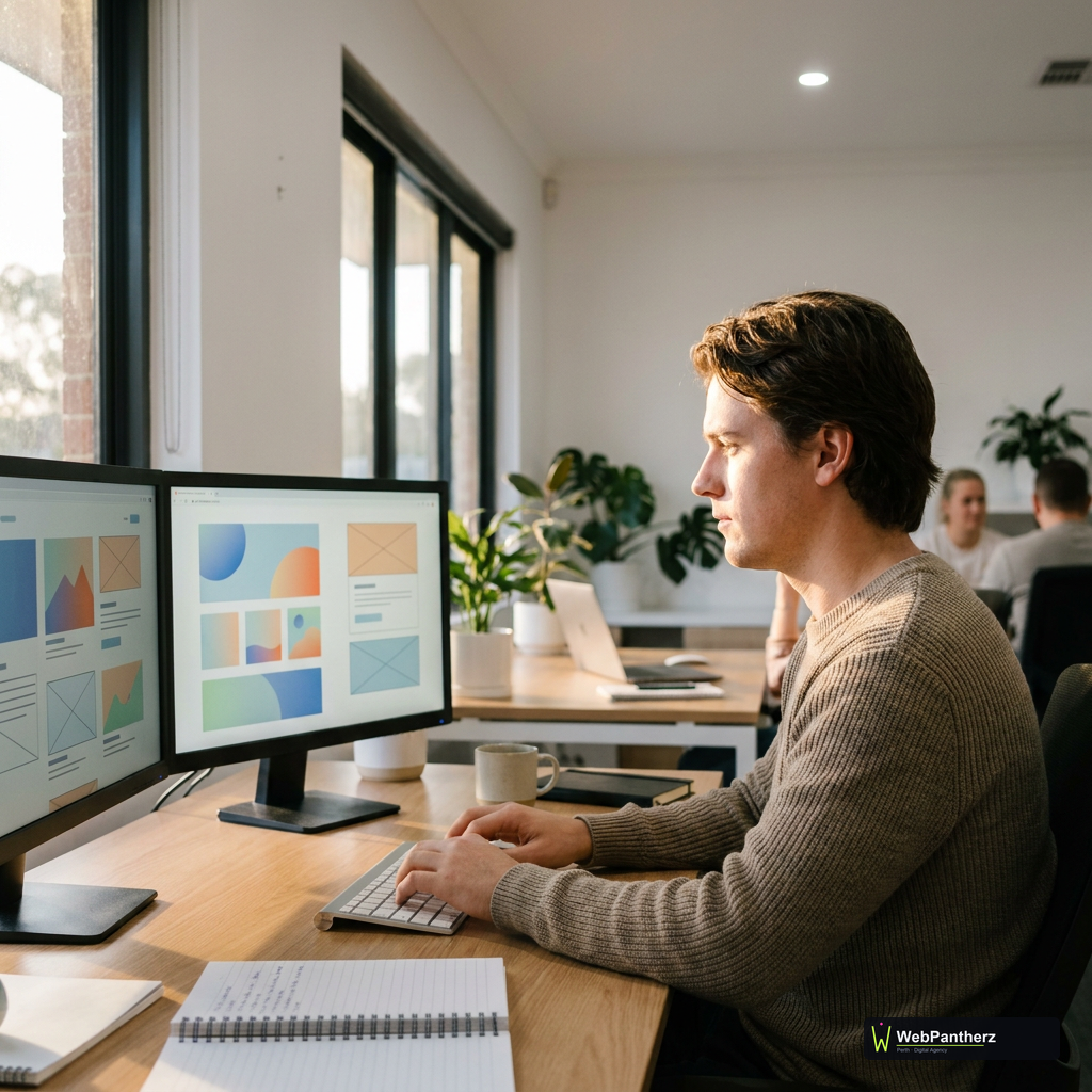 Perth web designer at dual monitors in a contemporary Osborne Park studio